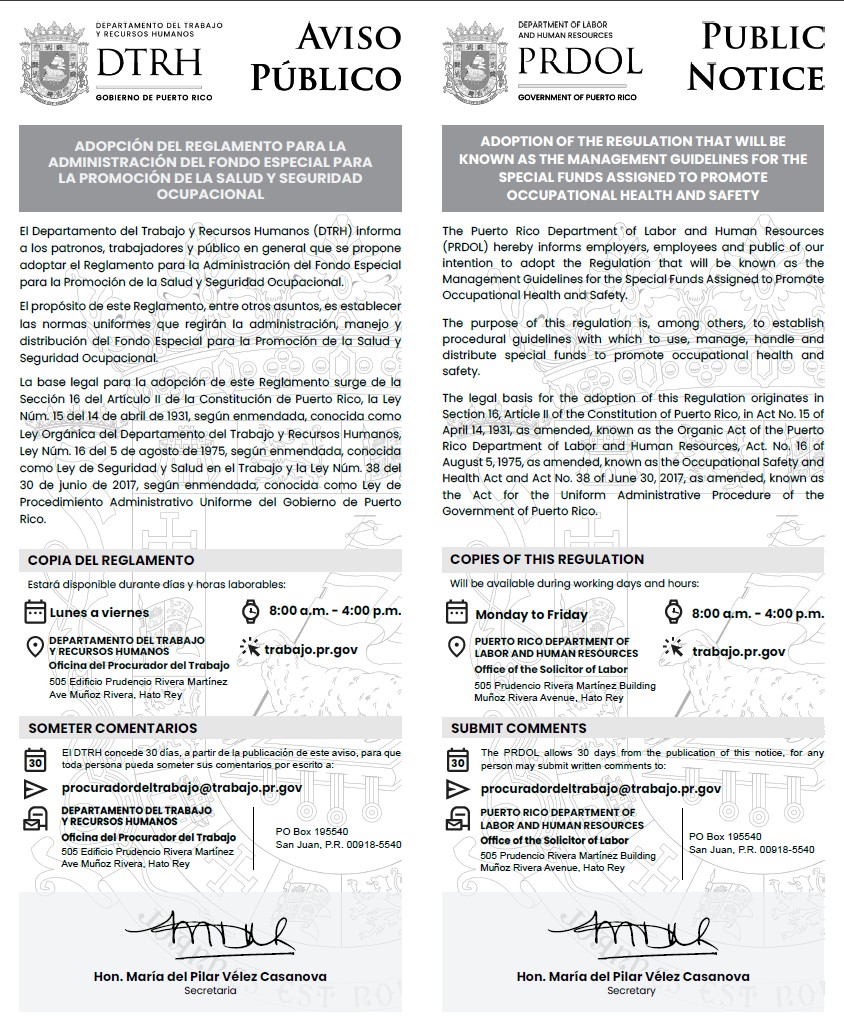 Aviso del Reglamento para la Administración del Fondo Especial para la Promoción de la Salud y Seguridad Ocupacional
