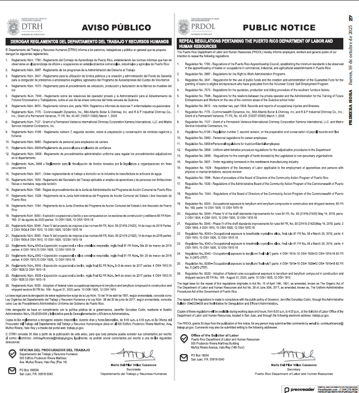 Aviso de la Derogación de Reglamentos del DTRH