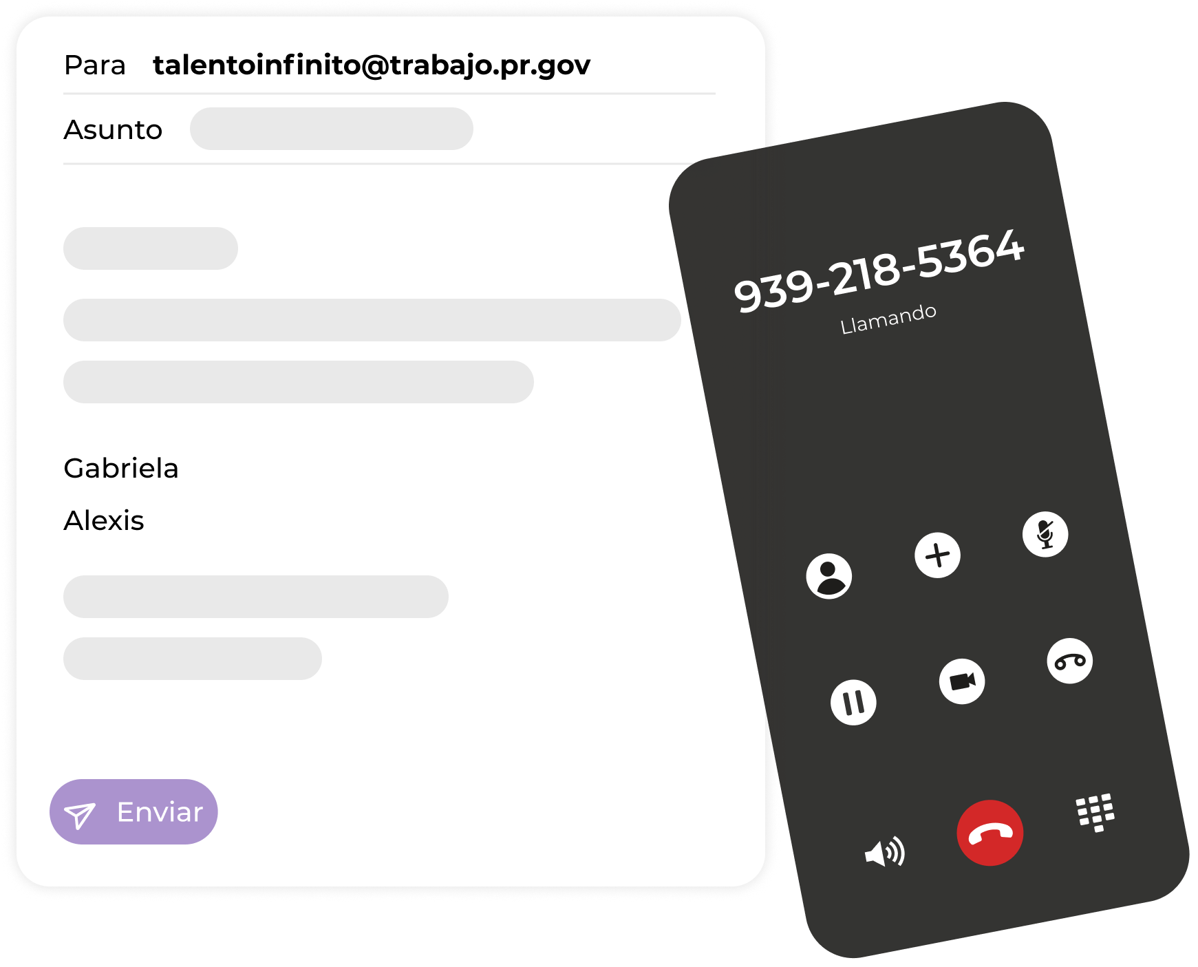 Representación de un email y un teléfono llamando al número de Talento Infinito.